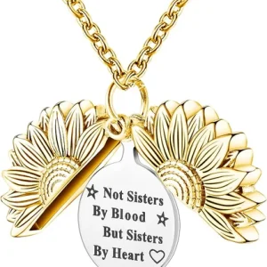 Halsband - Solros med budskapet "Not sisters by blood but sisters by heart"