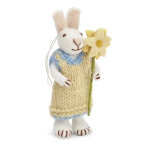 Tovad vit kanin med klänning och blomma (14cm)
